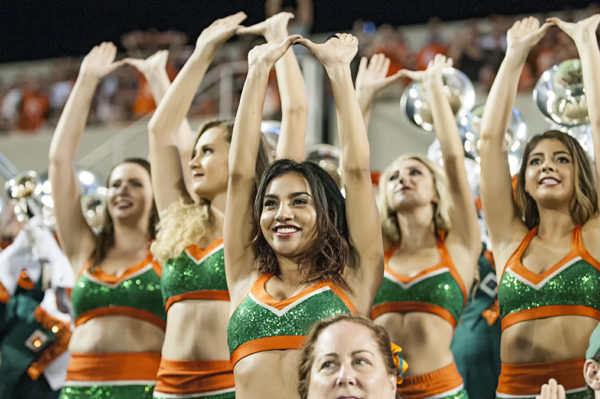 Miami Hurricanes cheerleaders throw up the U