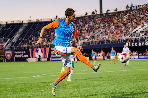 Miami FC forward, Vincenzo Rennella, attempts a shot on goal