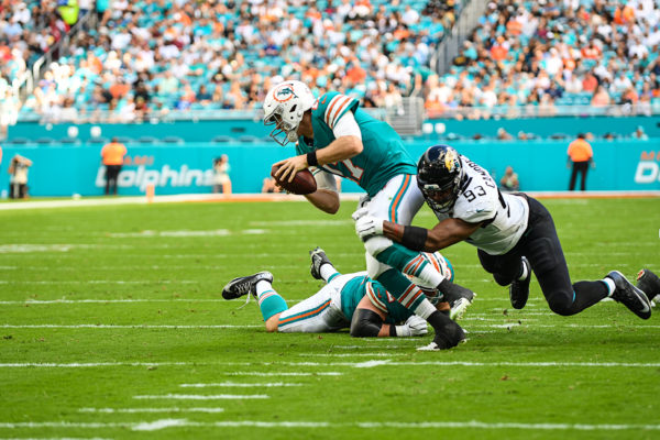 Jacksonville Jaguars defensive end Calais Campbell (93) sacks Miami Dolphins quarterback Ryan Tannehill (17)