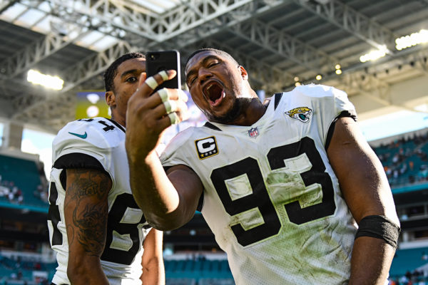 Jacksonville Jaguars defensive end Calais Campbell (93) and Jacksonville Jaguars wide receiver Keelan Cole (84) take a selfie video
