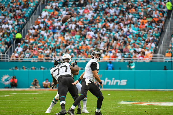 Jacksonville Jaguars quarterback Cody Kessler (6) looks up to see the ball slip from his hands