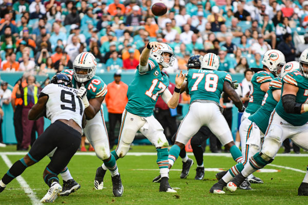Miami Dolphins quarterback Ryan Tannehill (17) throws a pass