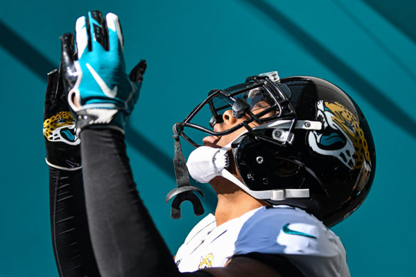 Jacksonville Jaguars cornerback Jalen Ramsey (20) blows a kiss towards the sky